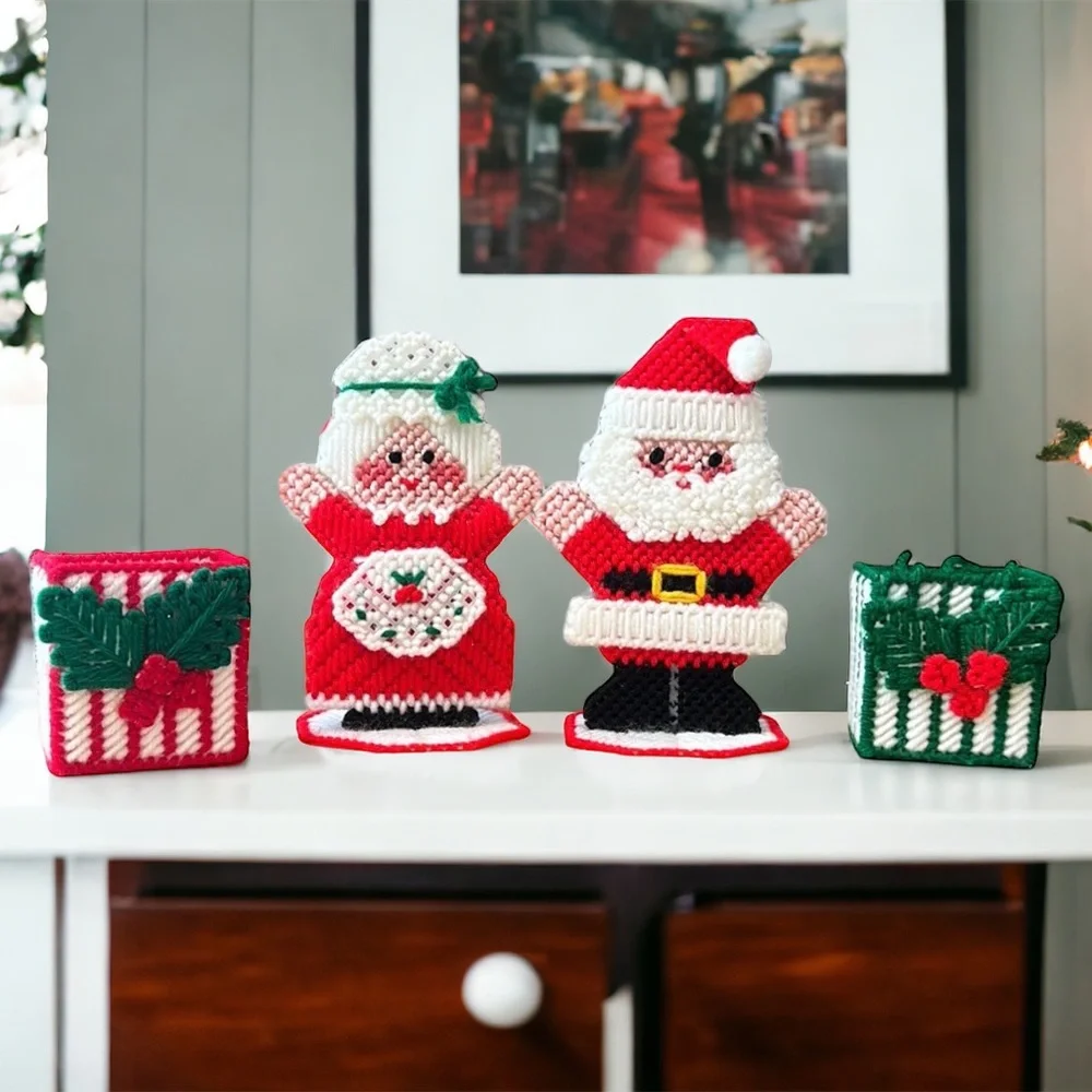 Vintage Christmas Santa & Mrs. Santa Claus Needlepoint Standing Figures Presents